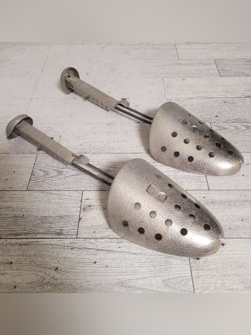 Vintage EKCO Metal Adjustable Perforated Toe Silver Finish Shoe Stretchers
